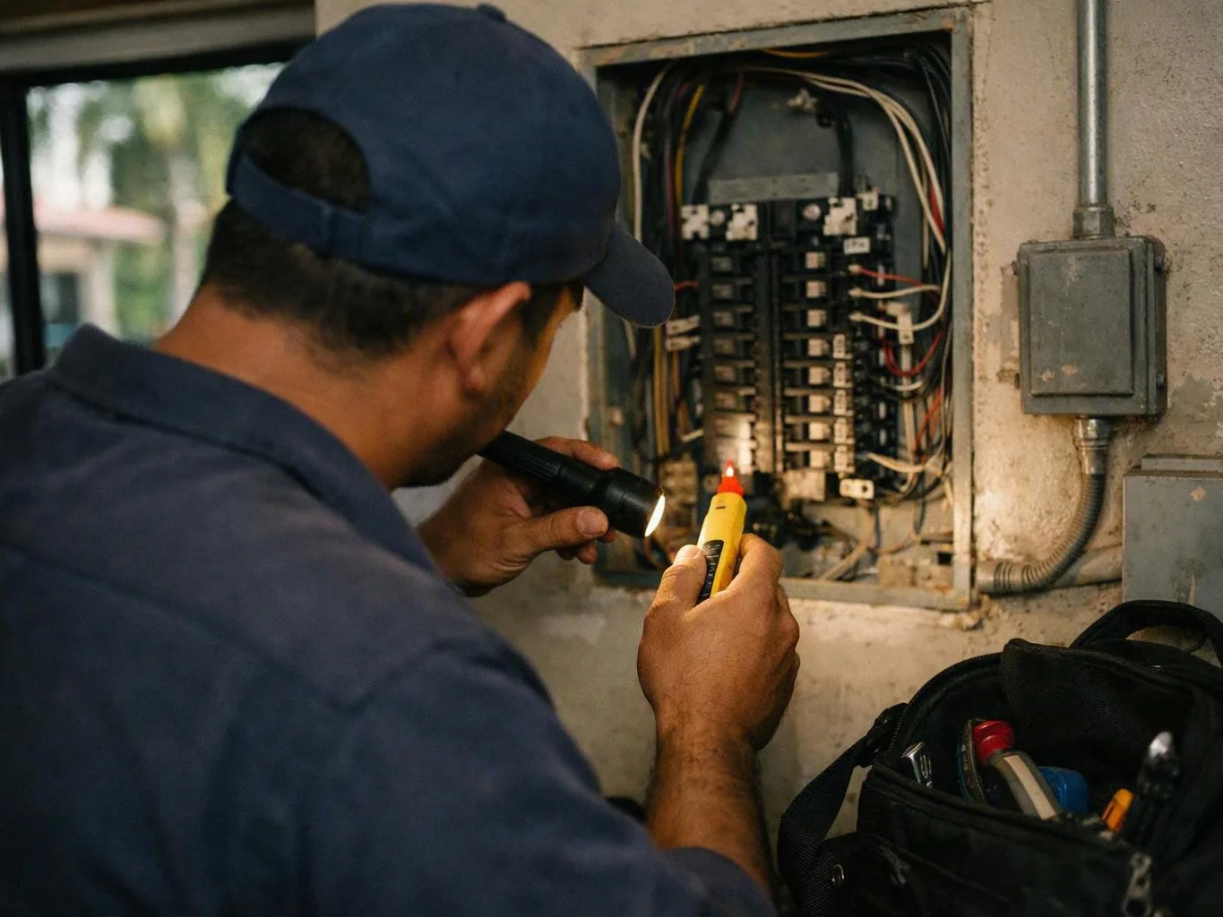 Technician uses a flashlight and voltage tester on an open breaker panel