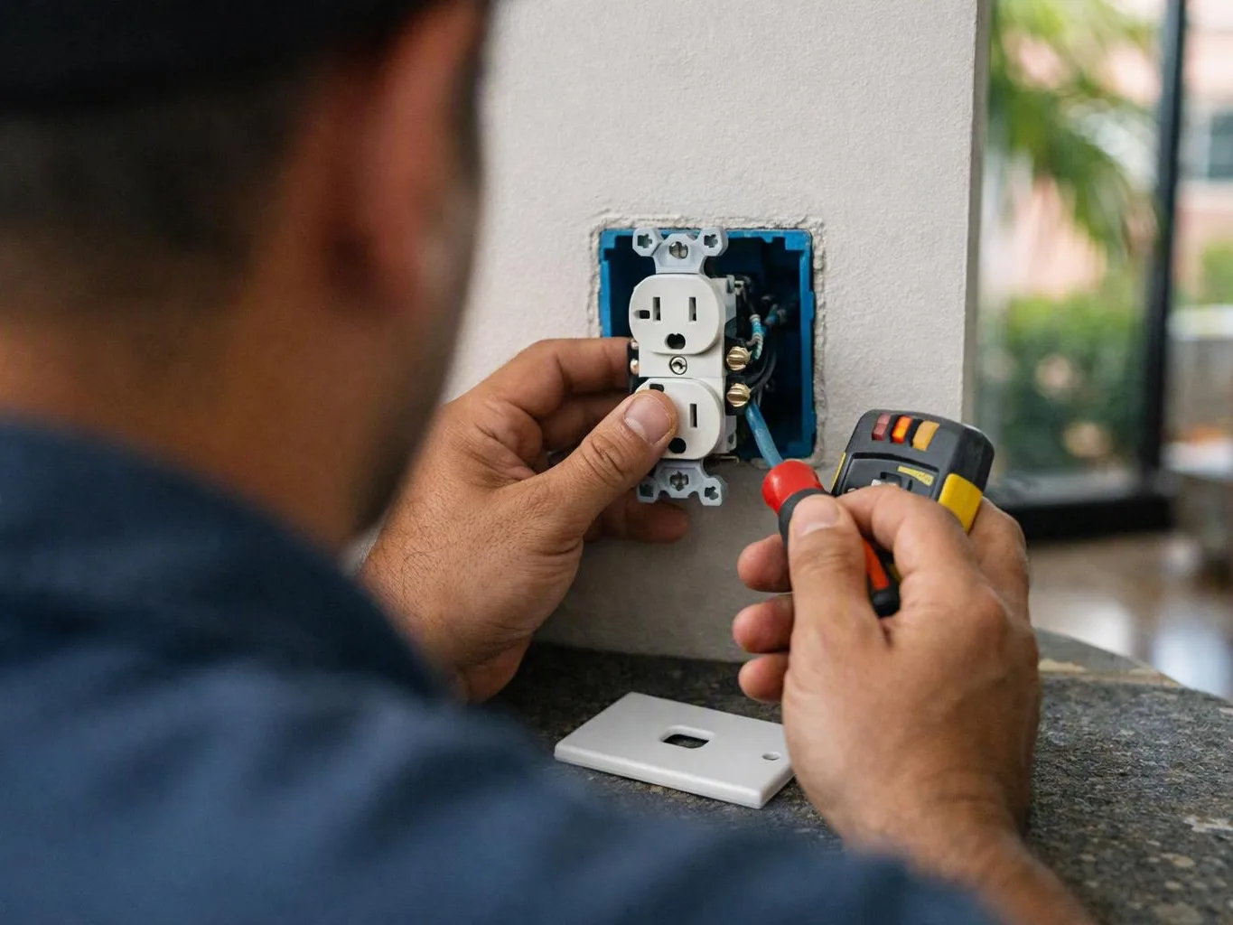 Electrician wiring a ceiling light in a small shop