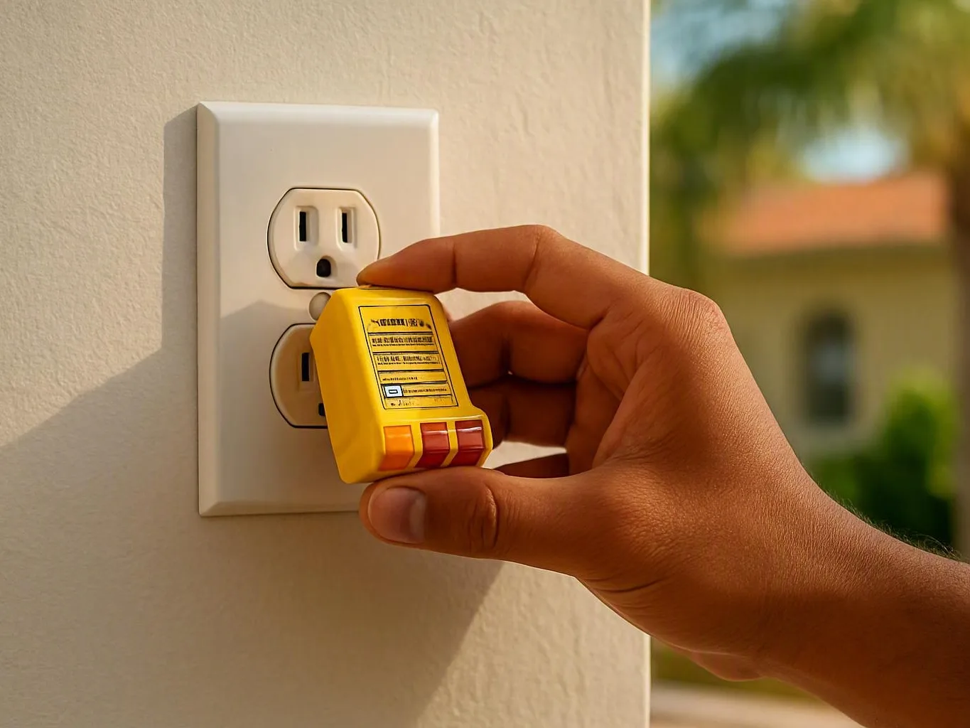 Hand holding a yellow electrical tester near a white wall outlet indoors