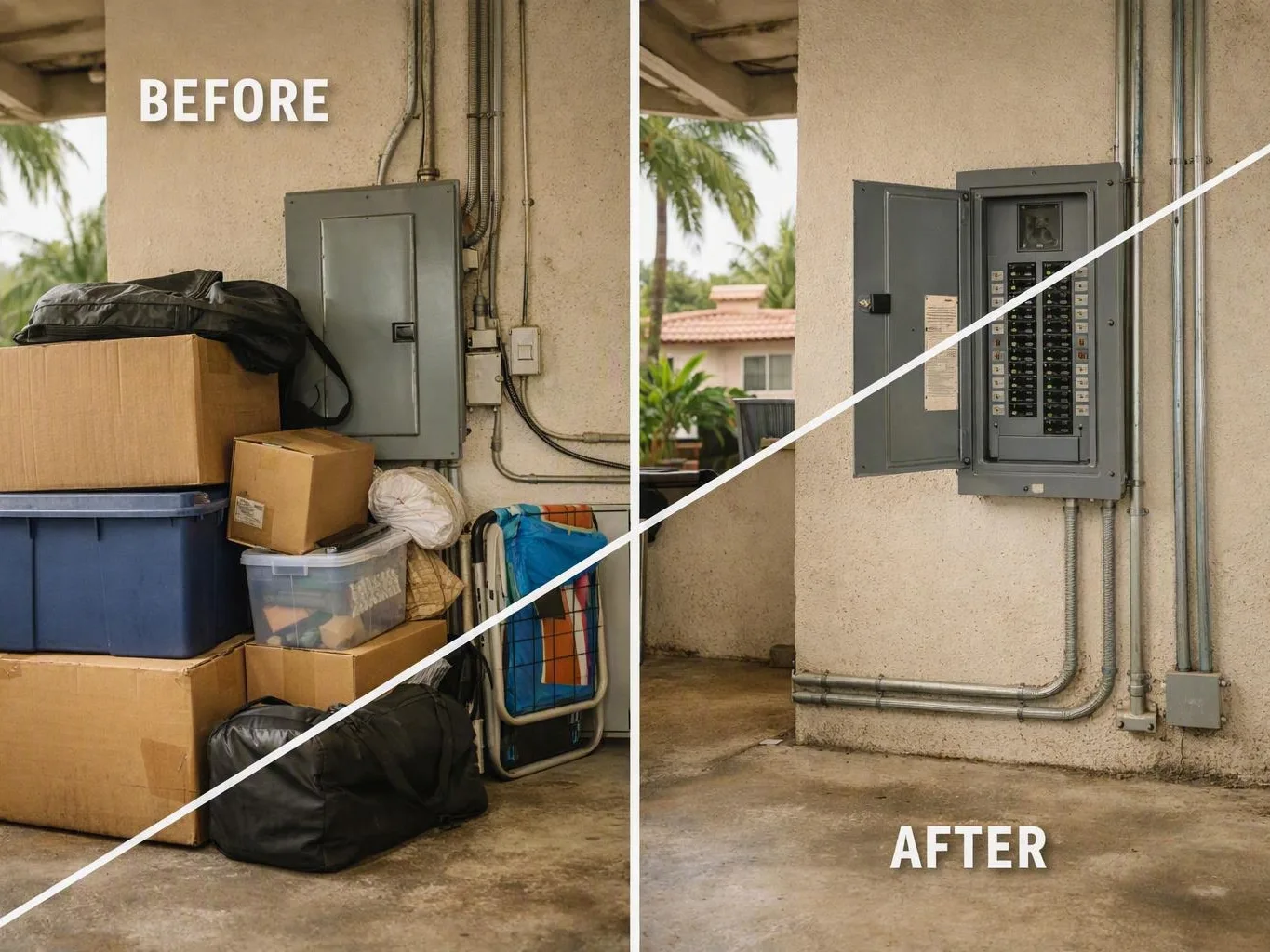 Before-and-after outdoor electrical panel area, showing clutter removed from