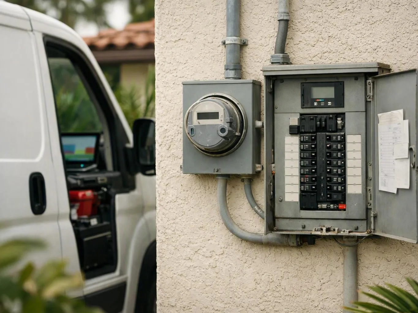 White service van parked beside open exterior electrical meter and breaker boxes