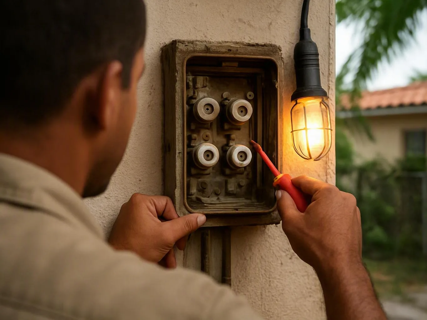 Technician checking a wet outdoor electrical outlet — When Does an Emergency Repair Need a Permit in Miami-Dade County?