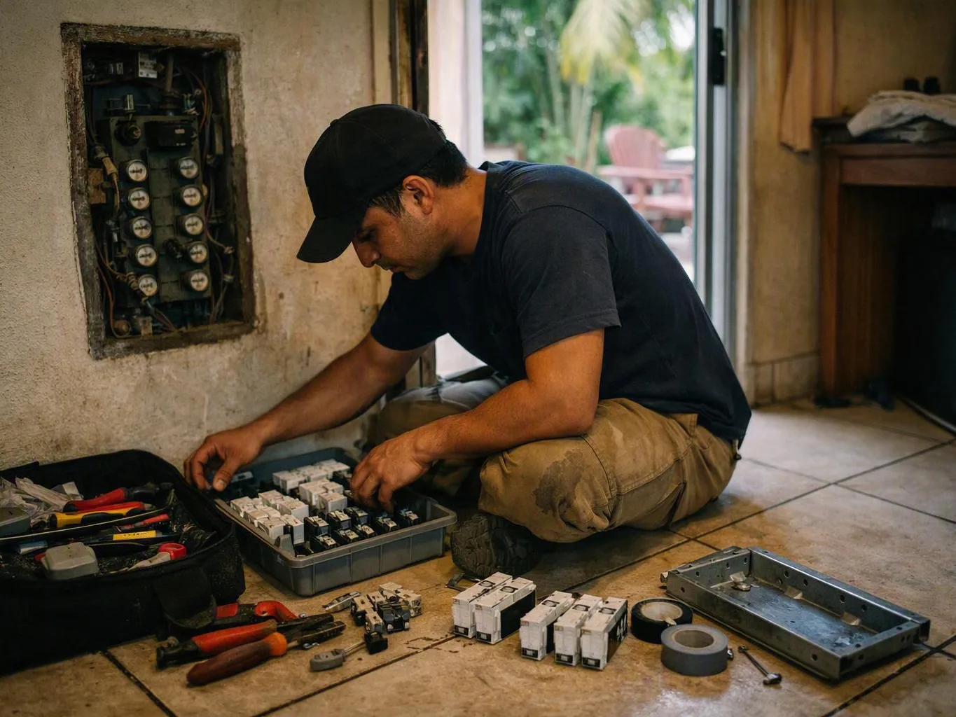Technician installing a GFCI outlet in a kitchen