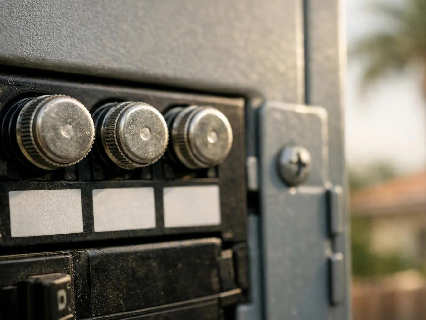 Dusty metal control panel with three round knobs and blank labels outdoors — What Method Does Outlet Repair Usually Follow?