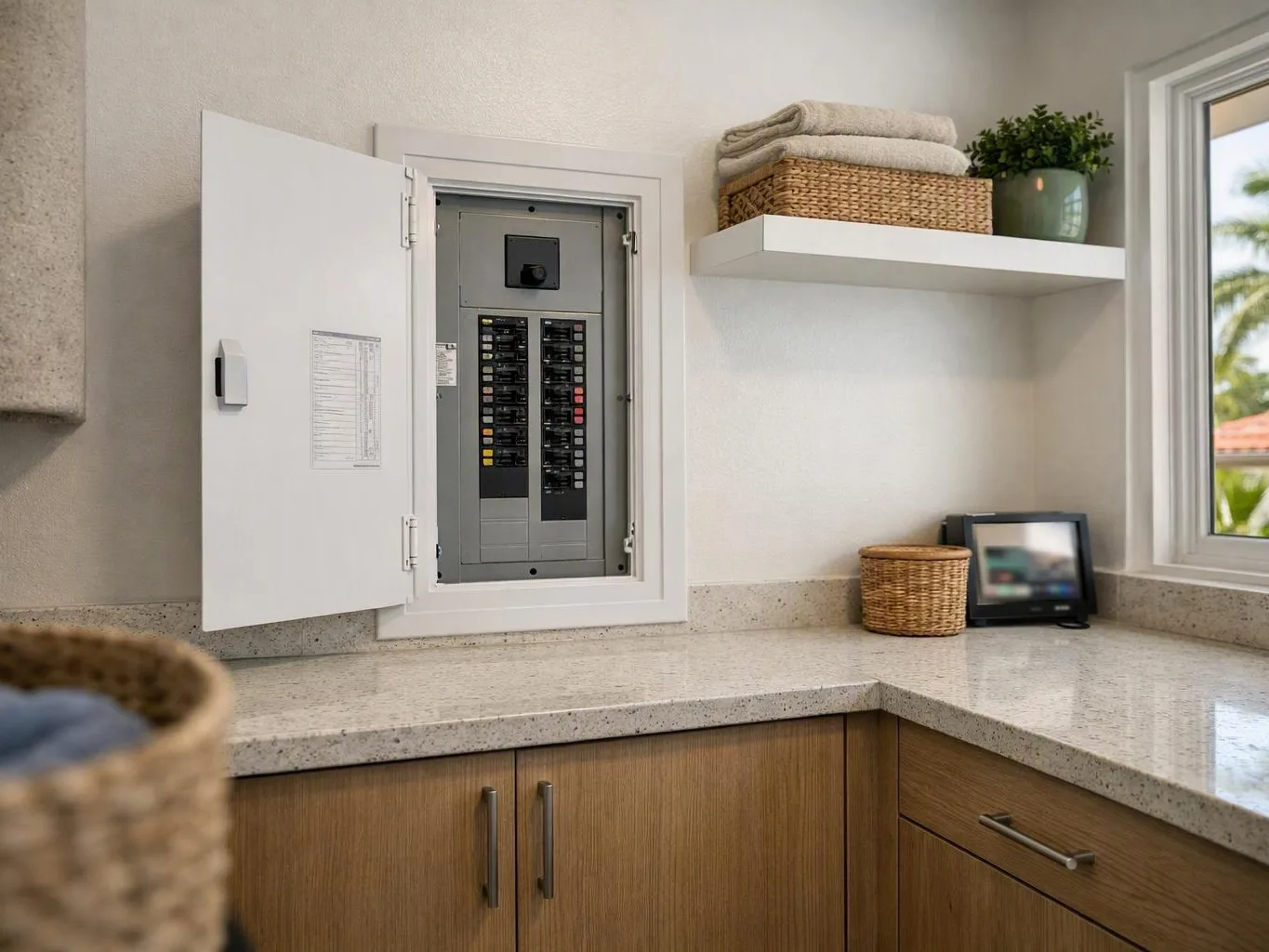 Open electrical panel mounted on a kitchen wall beside household shelves and a — What Method Does Outlet Repair Usually Fo...
