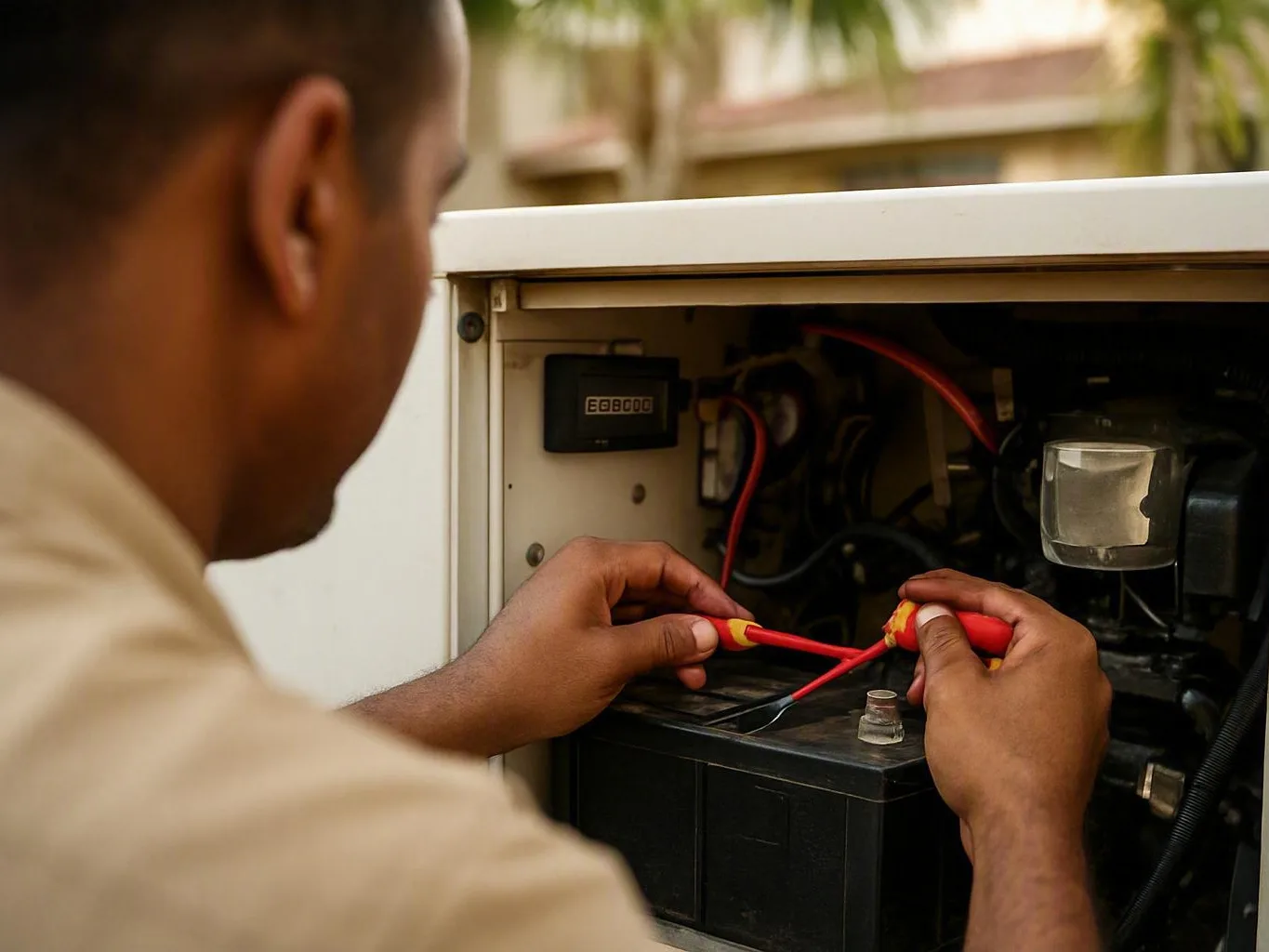 Electrician replacing a wall outlet in a shop