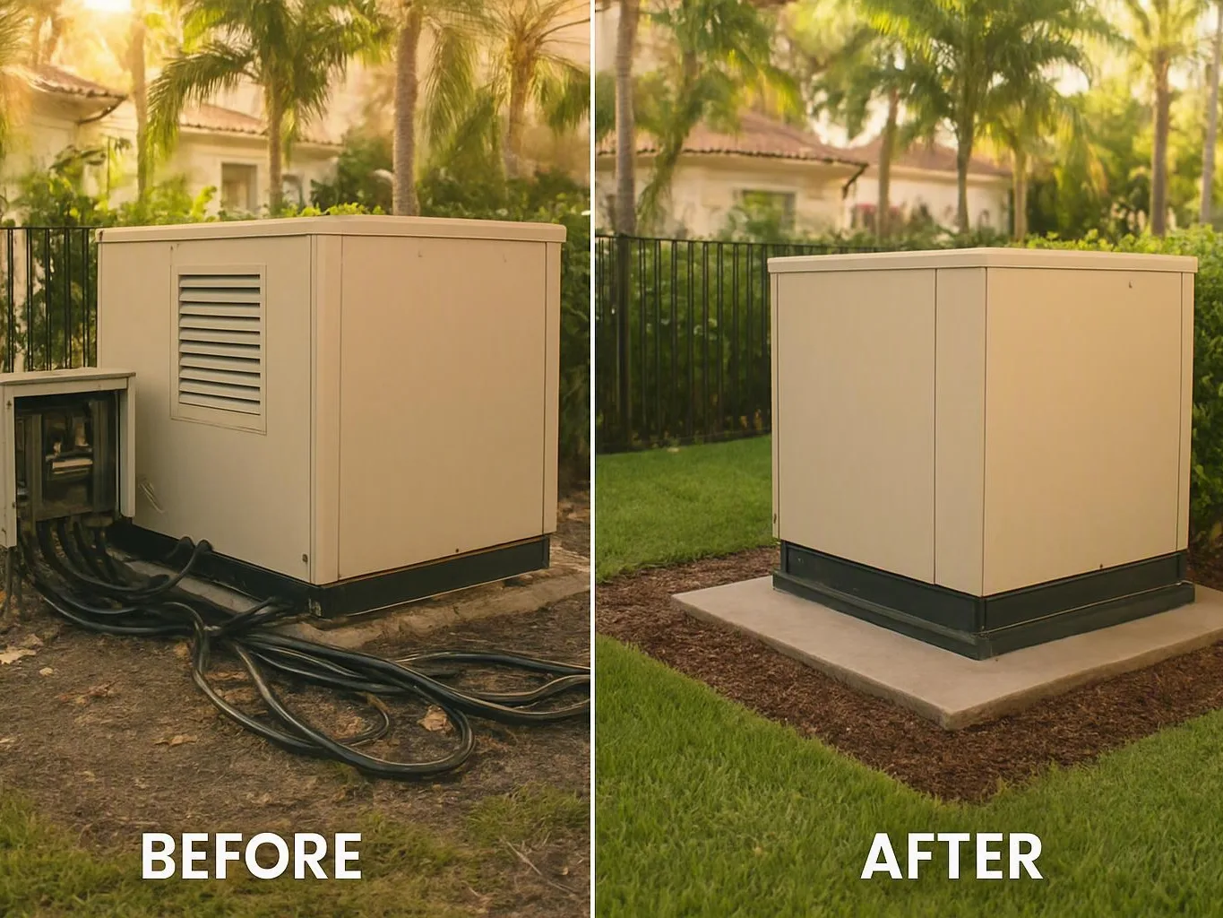 Beige outdoor utility box shown before and after placement on a concrete pad