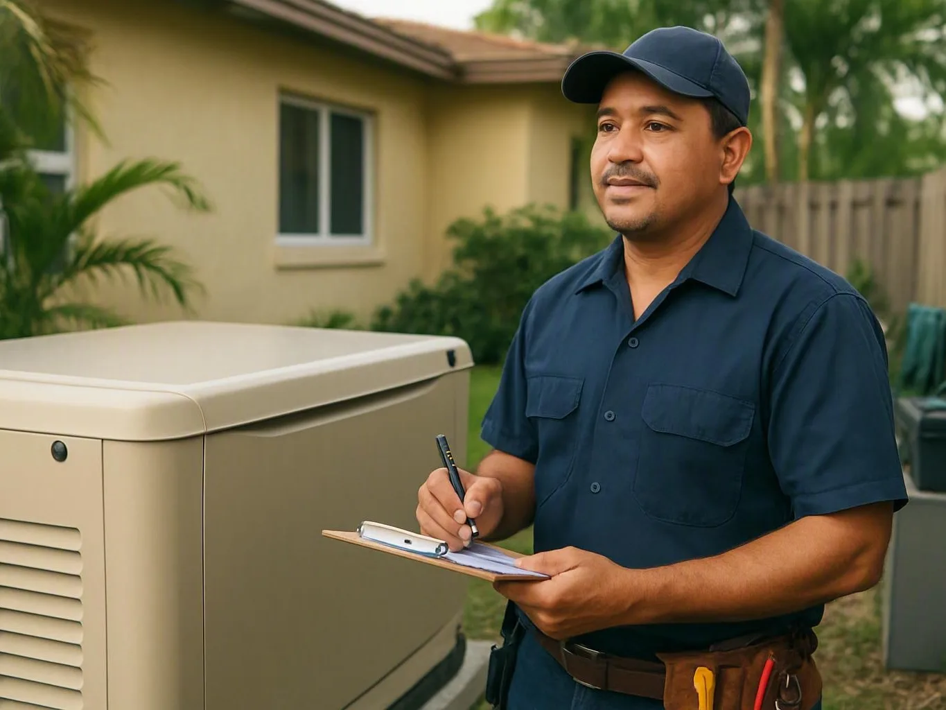 Technician checks a backyard generator while recording findings on a clipboard