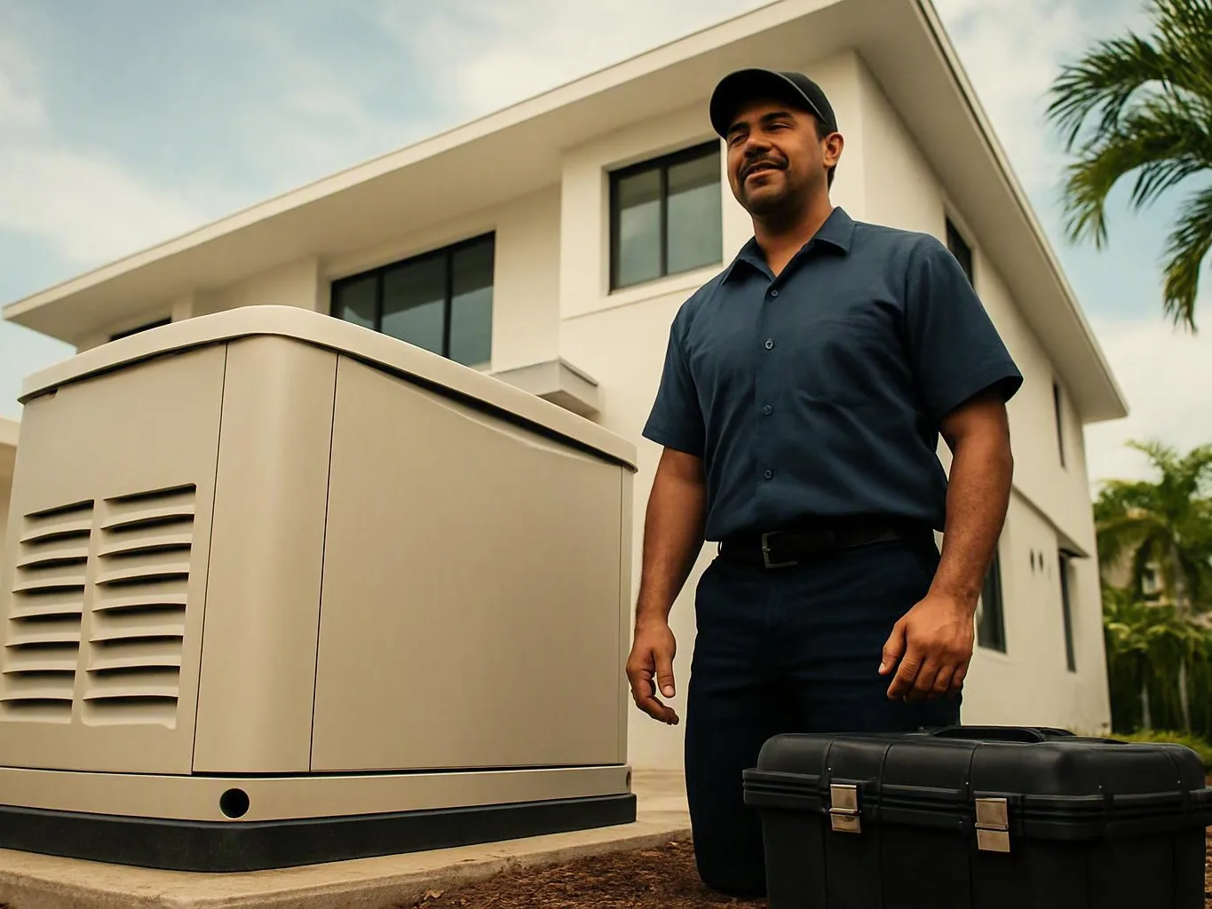 Technician stands beside a large outdoor generator and black tool case