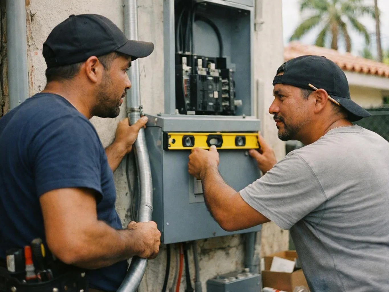 Electrician checking breakers in a retail shop