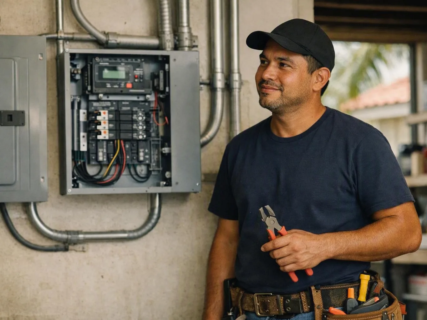 Man holding pliers beside an open electrical panel mounted on a wall