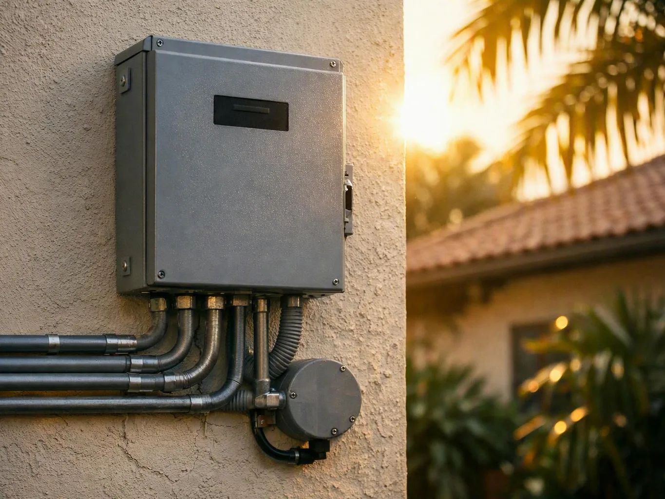 Gray electrical control box with conduit pipes mounted on a stucco wall at