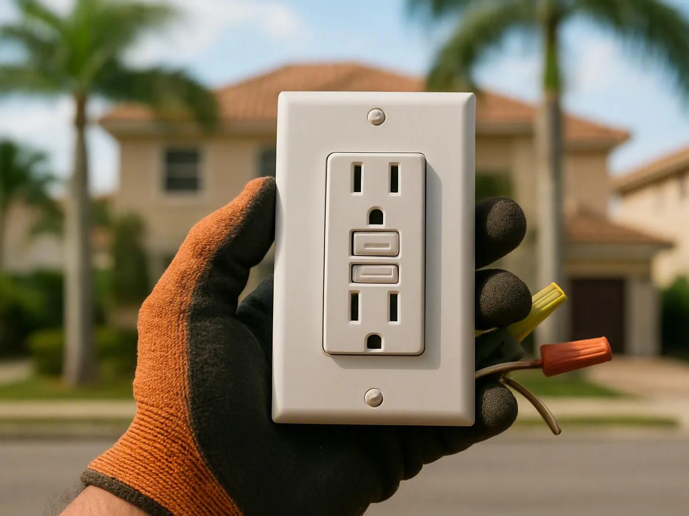 Gloved hand holding a GFCI outlet cover with loose wires outside a house