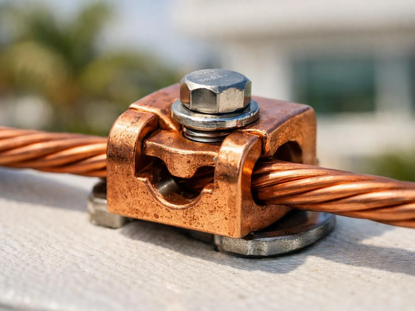 Copper wire clamp with a hex bolt resting on an outdoor metal surface