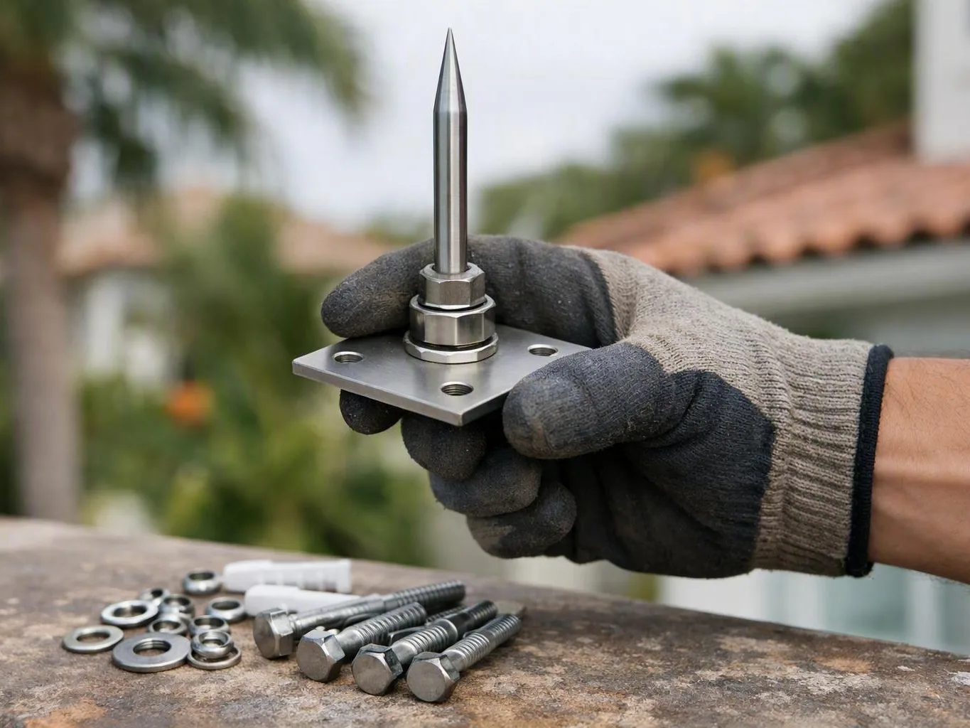 Gloved hand holds a metal spike on a square base beside bolts and washers