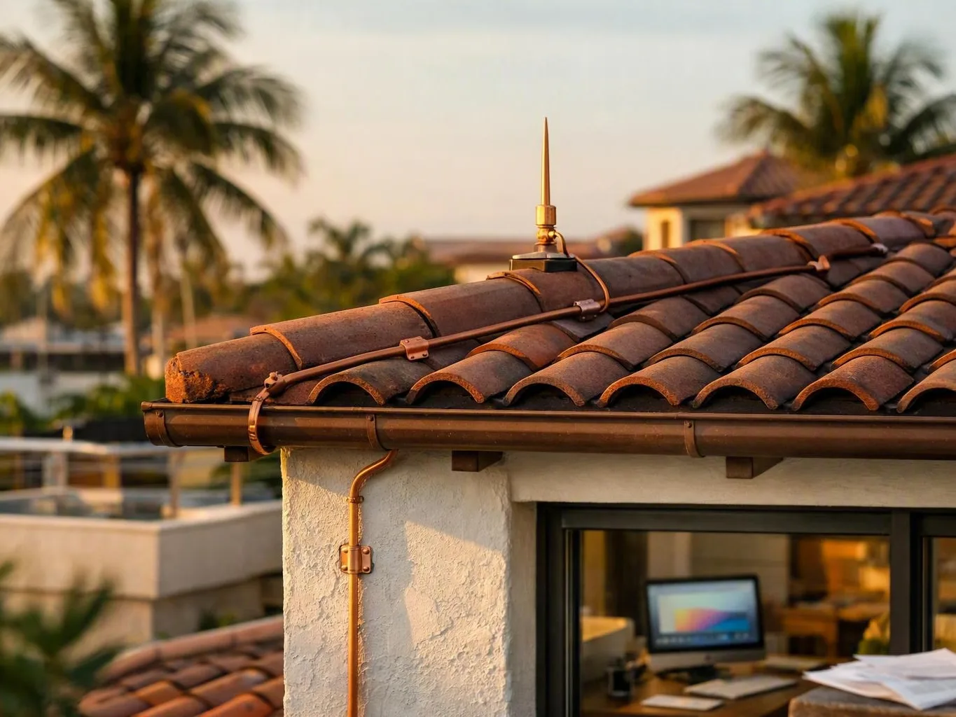 Tiled house roof with lightning rod beside a window and palm trees