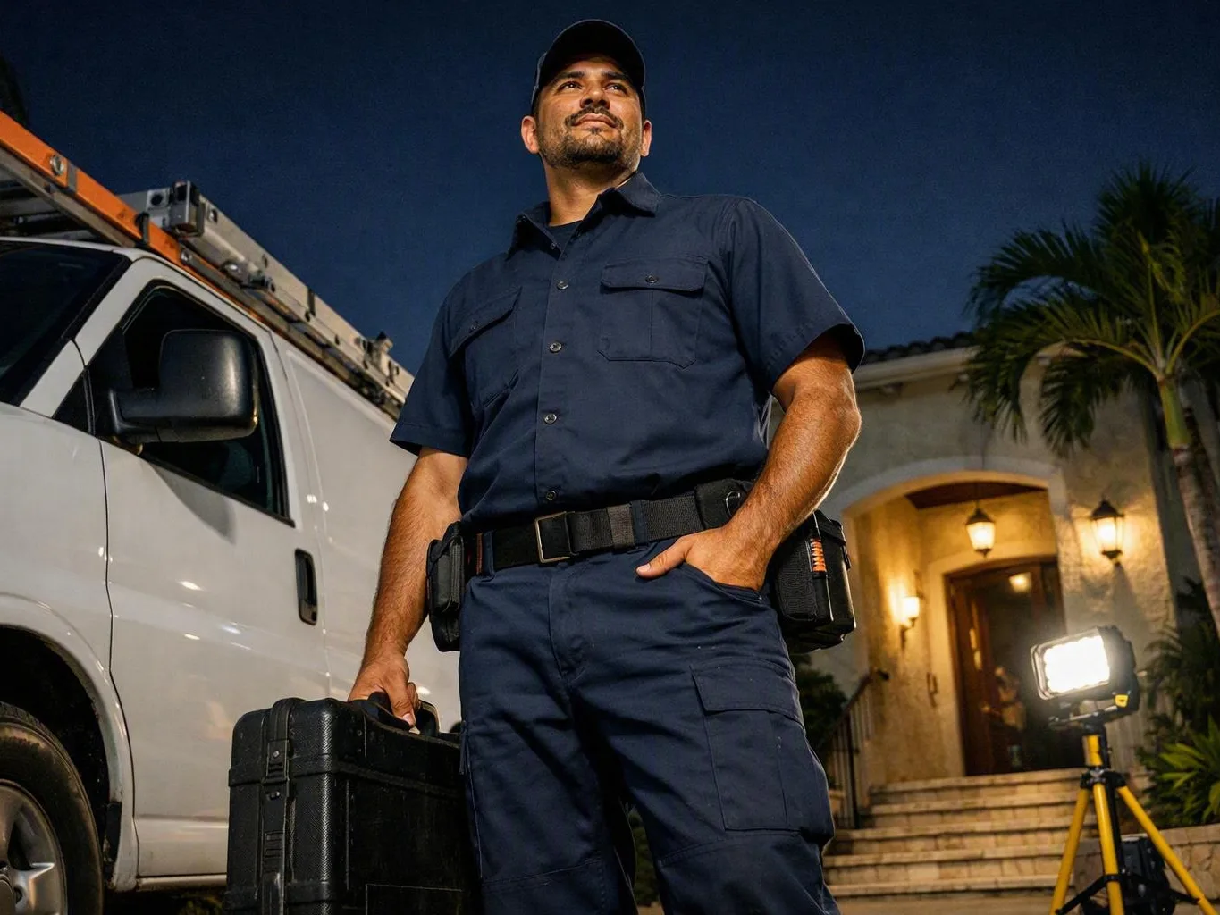 Uniformed technician carries a black tool case beside a van outside a lit house