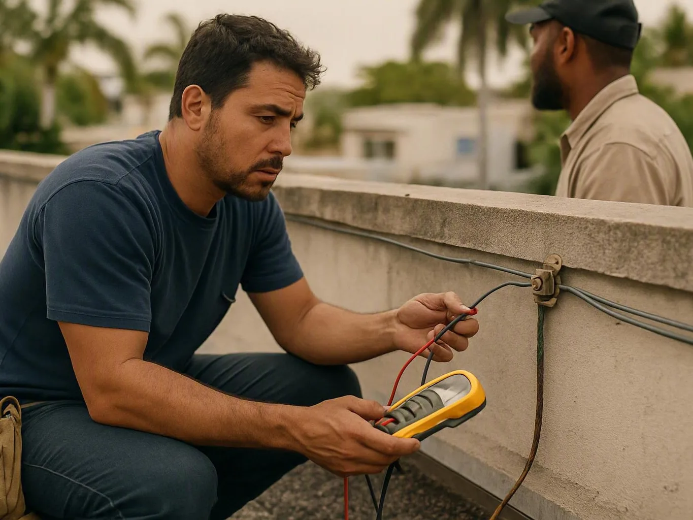 Electrician tests exposed rooftop wires with a yellow multimeter as another man