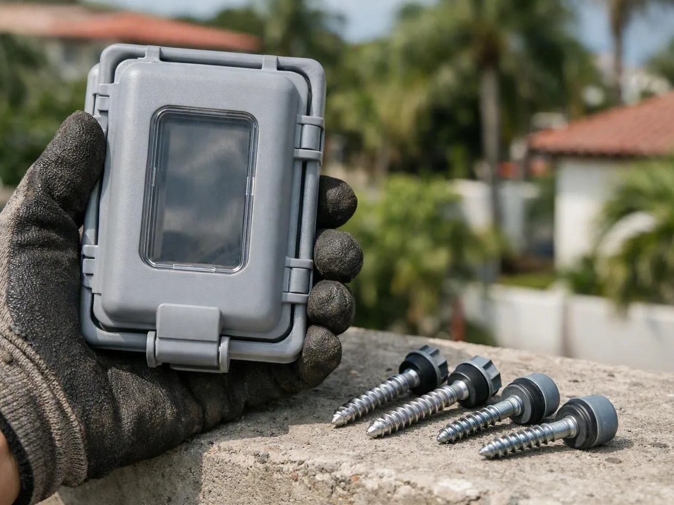 Gloved hand holding a gray electrical cover beside four screws on an outdoor