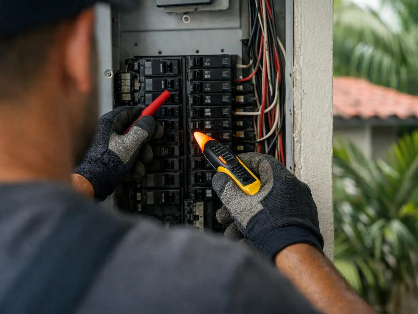 Gloved electrician testing a breaker panel with a voltage tester inside an