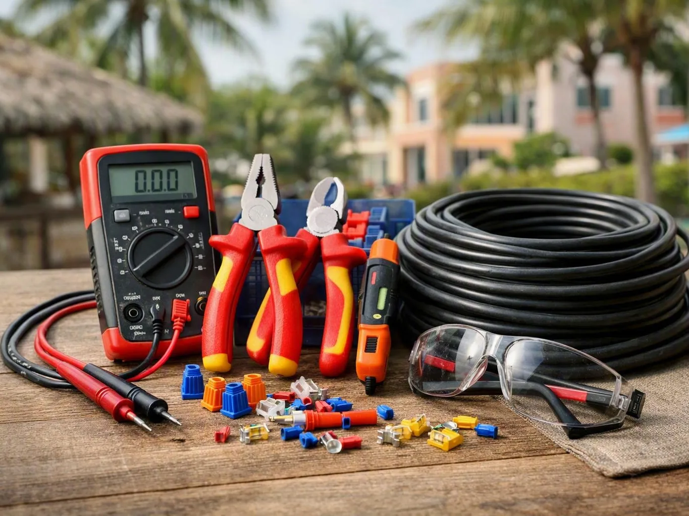 Electrical tools and safety gear, including a multimeter, pliers, cable, and
