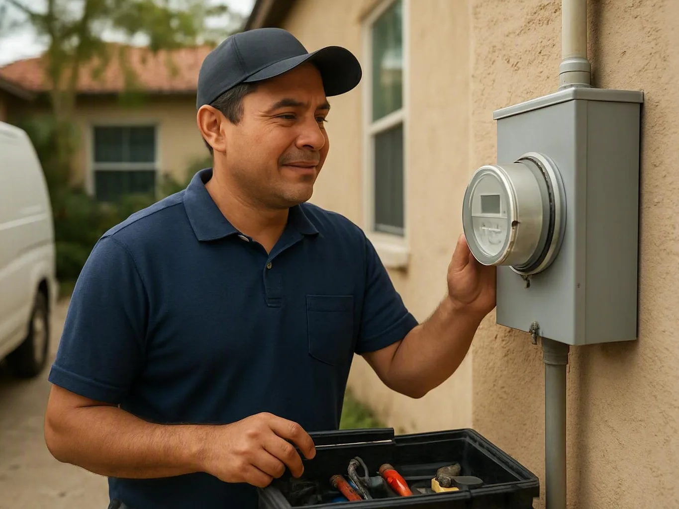 Electrician checks an outdoor meter beside a house while carrying a tool tray — What Method Guides a Safe Recessed Light L...