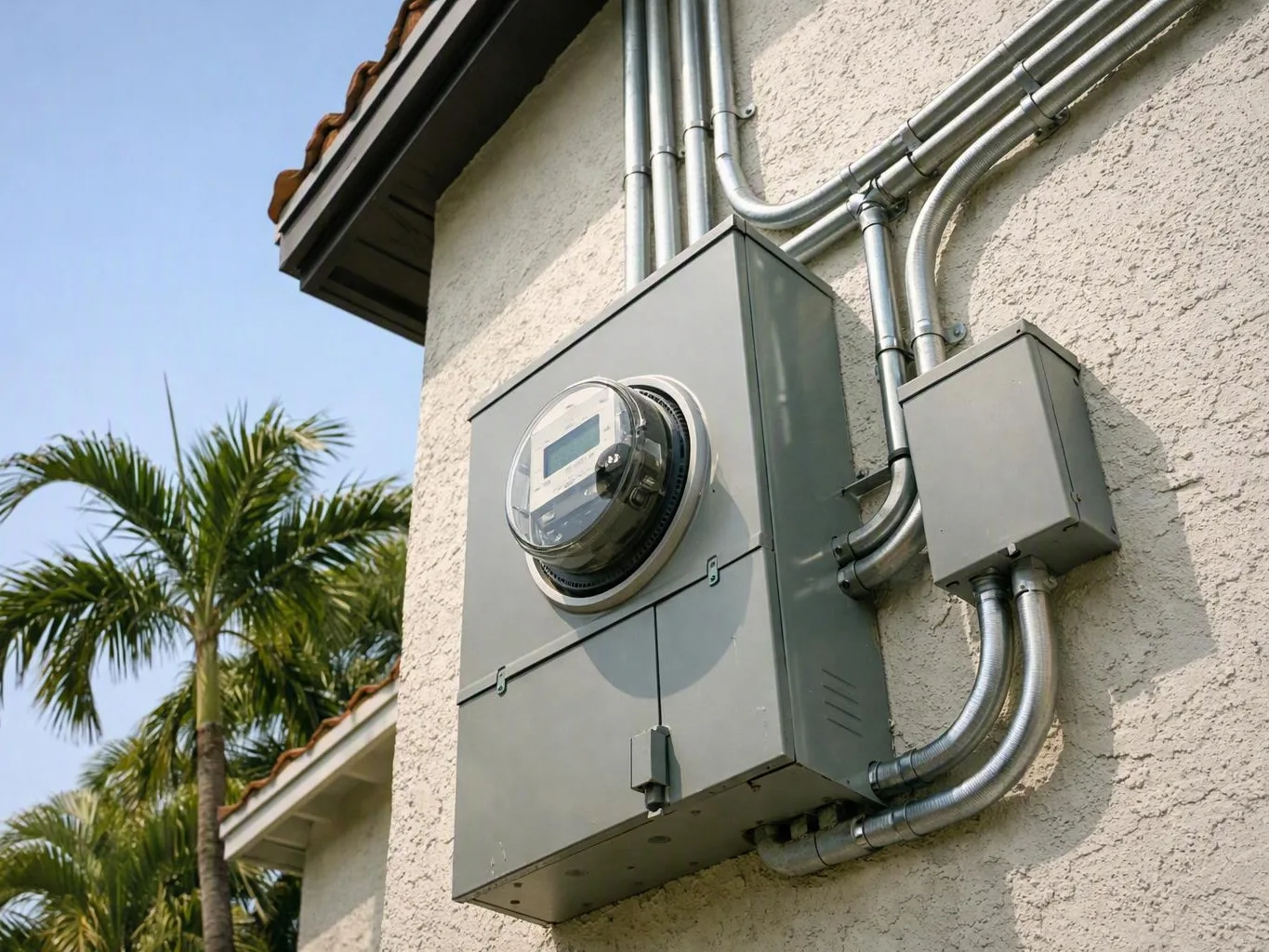 Electric meter box and conduit pipes mounted on a stucco house wall beside palm — What Method Guides a Safe Recessed Light...