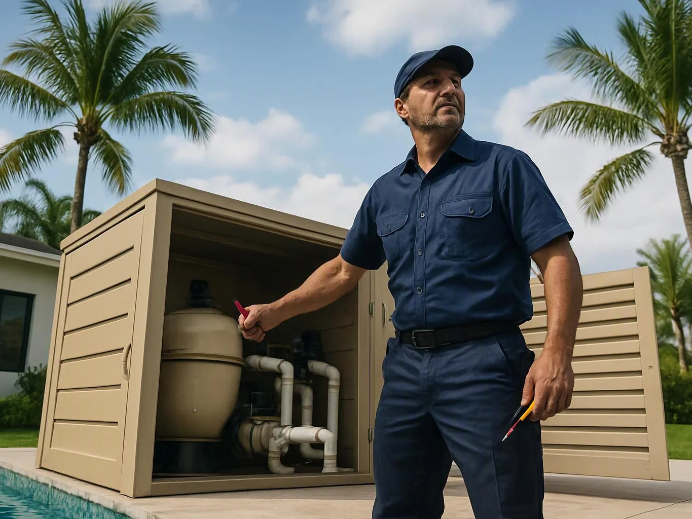 A pool technician in navy uniform inspects outdoor plumbing equipment beside a swimming pool under palm trees