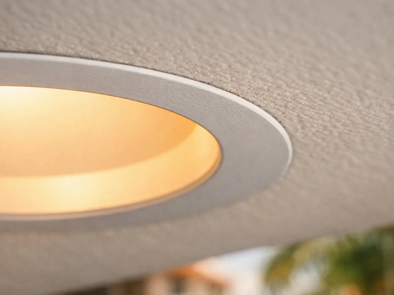 A recessed ceiling light glows warm yellow against a textured beige ceiling with blurred greenery below