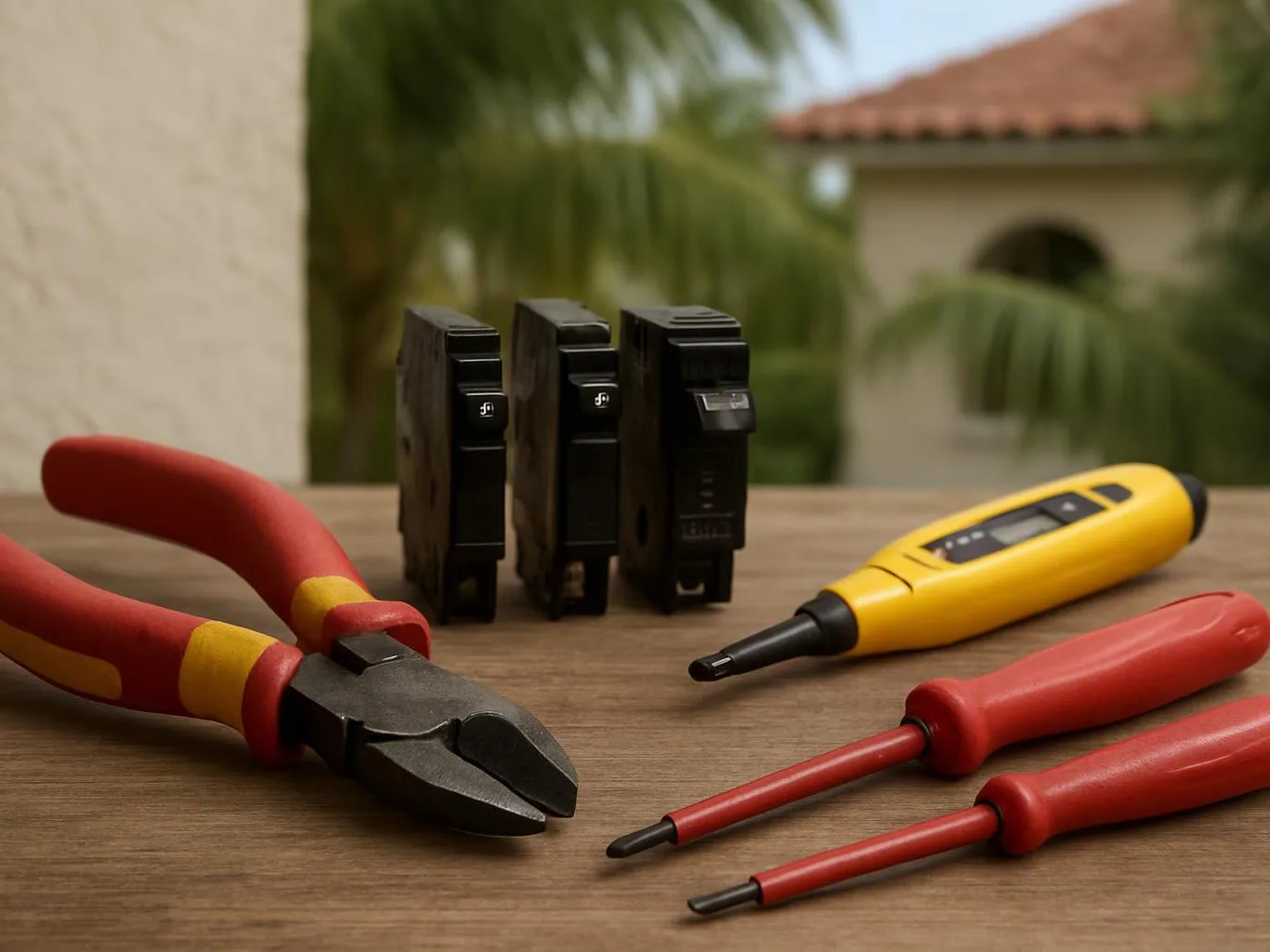 Red-handled pliers and screwdrivers sit beside three black circuit breakers on a wooden table outdoors