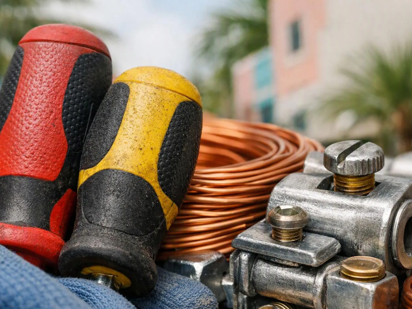 Red and yellow screwdrivers rest beside coiled copper wire and metal fittings on a blue glove outdoors