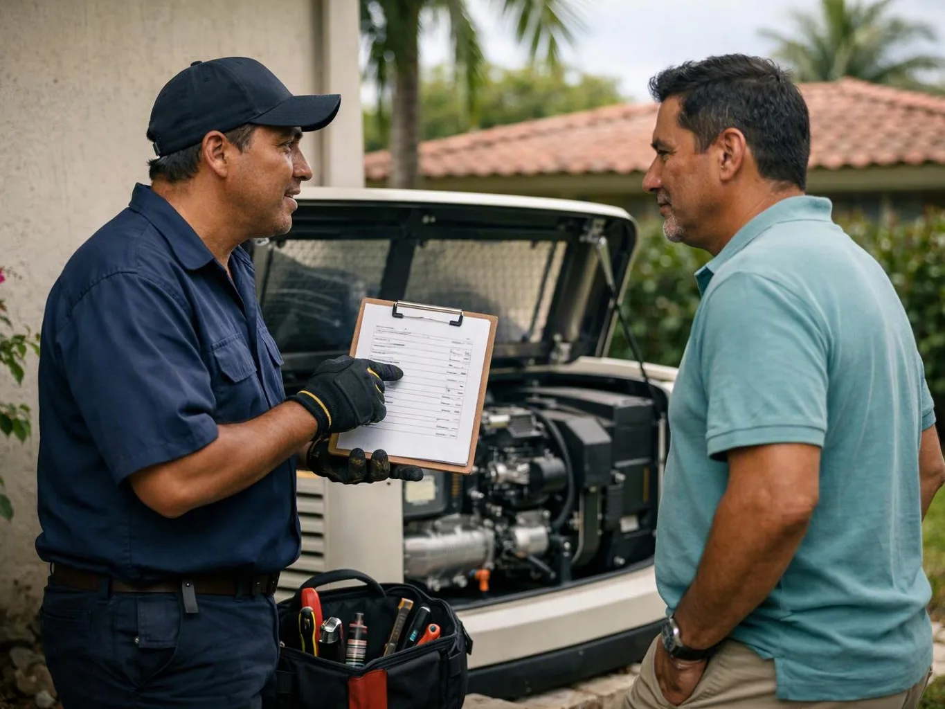 A repair worker holds a clipboard and talks to a man beside an open generator cabinet outdoors