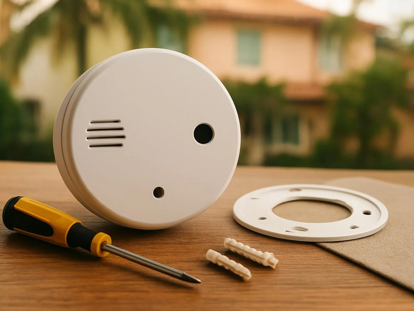 A round white device, screwdriver, plastic anchors, and mounting ring sit on a wooden table outdoors