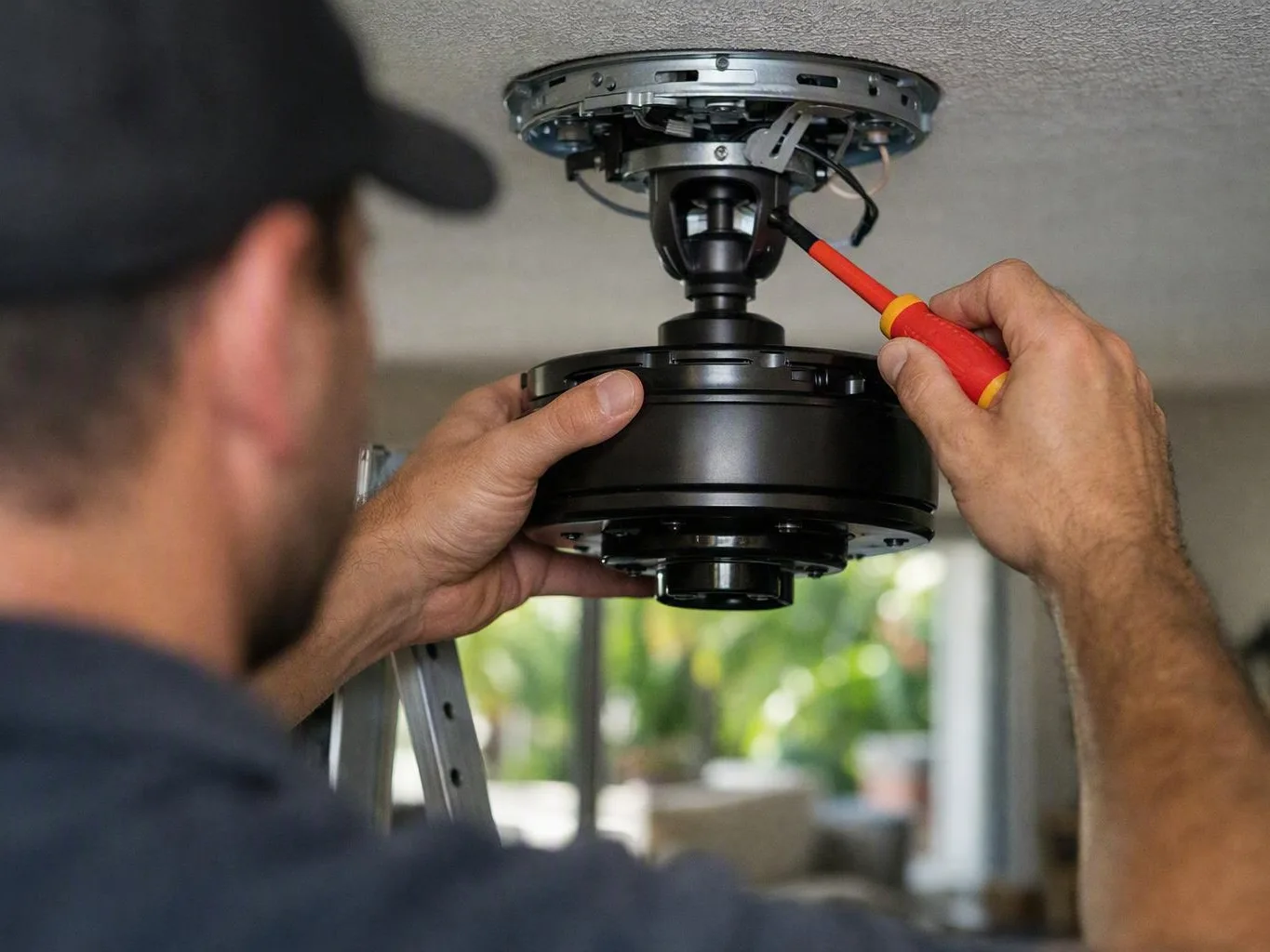 Technician uses a red screwdriver to install a black ceiling fan motor on a ceiling