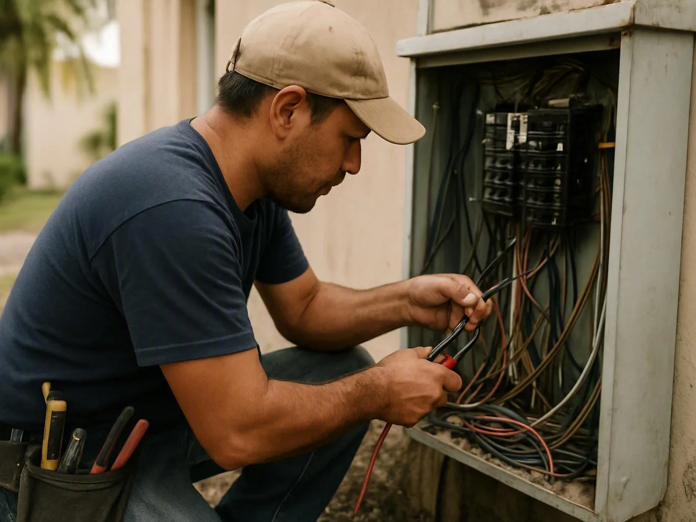 Worker checking wiring beside a service meter