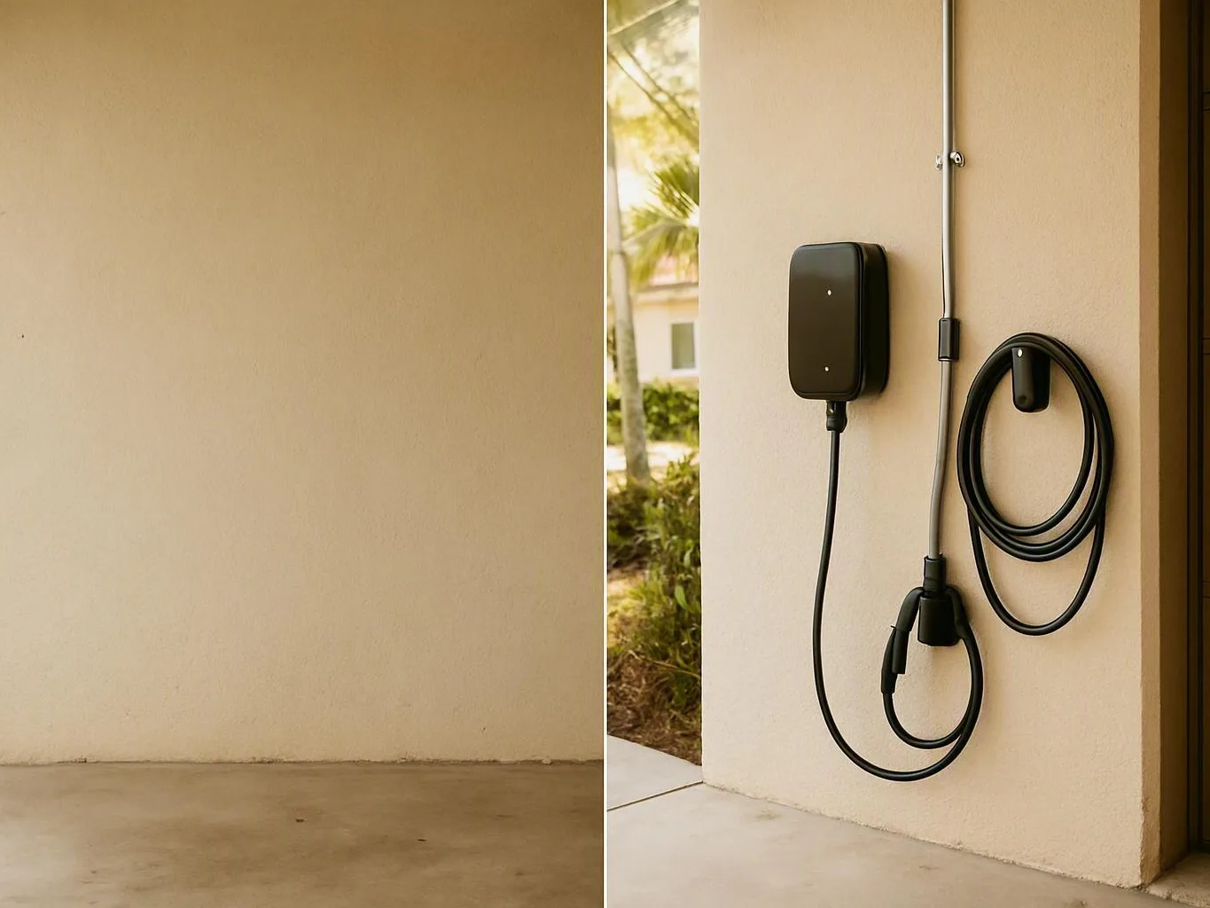 Wall-mounted electric vehicle charger with its coiled cable on a beige garage