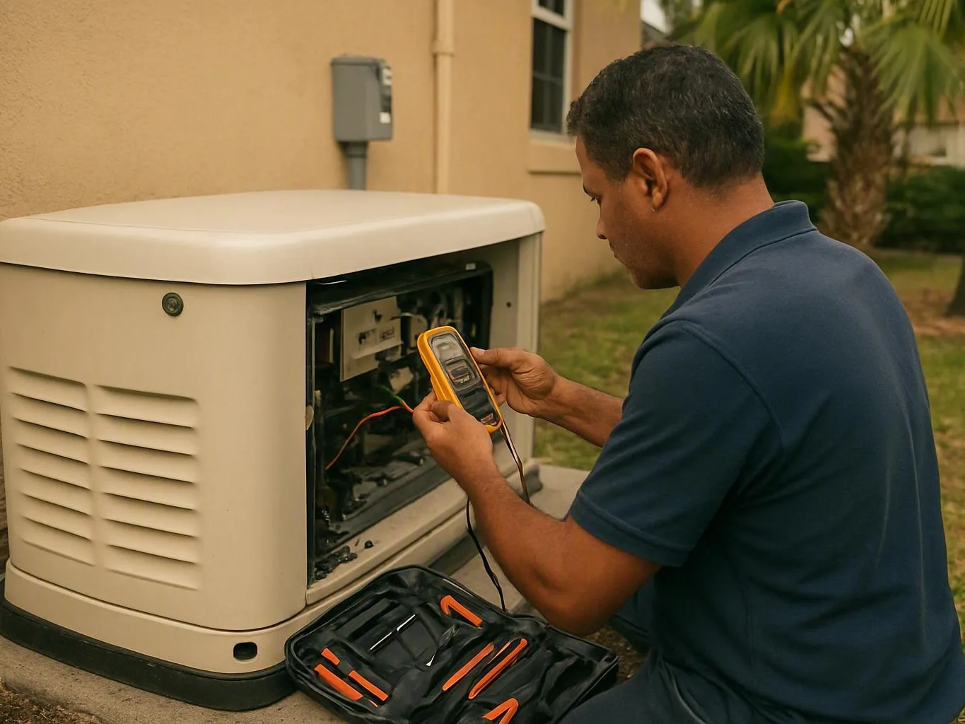 Technician testing an open outdoor generator with a handheld meter beside a