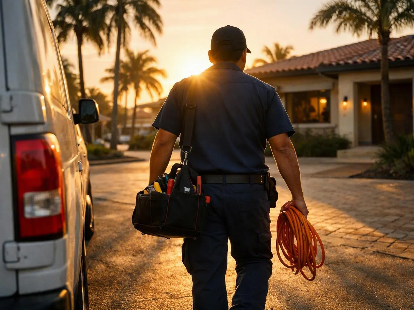 Utility worker carrying tools and an orange extension cord beside a service van