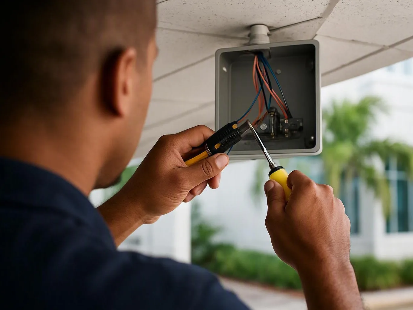 Electrician using screwdrivers to repair exposed wiring inside a gray outdoor