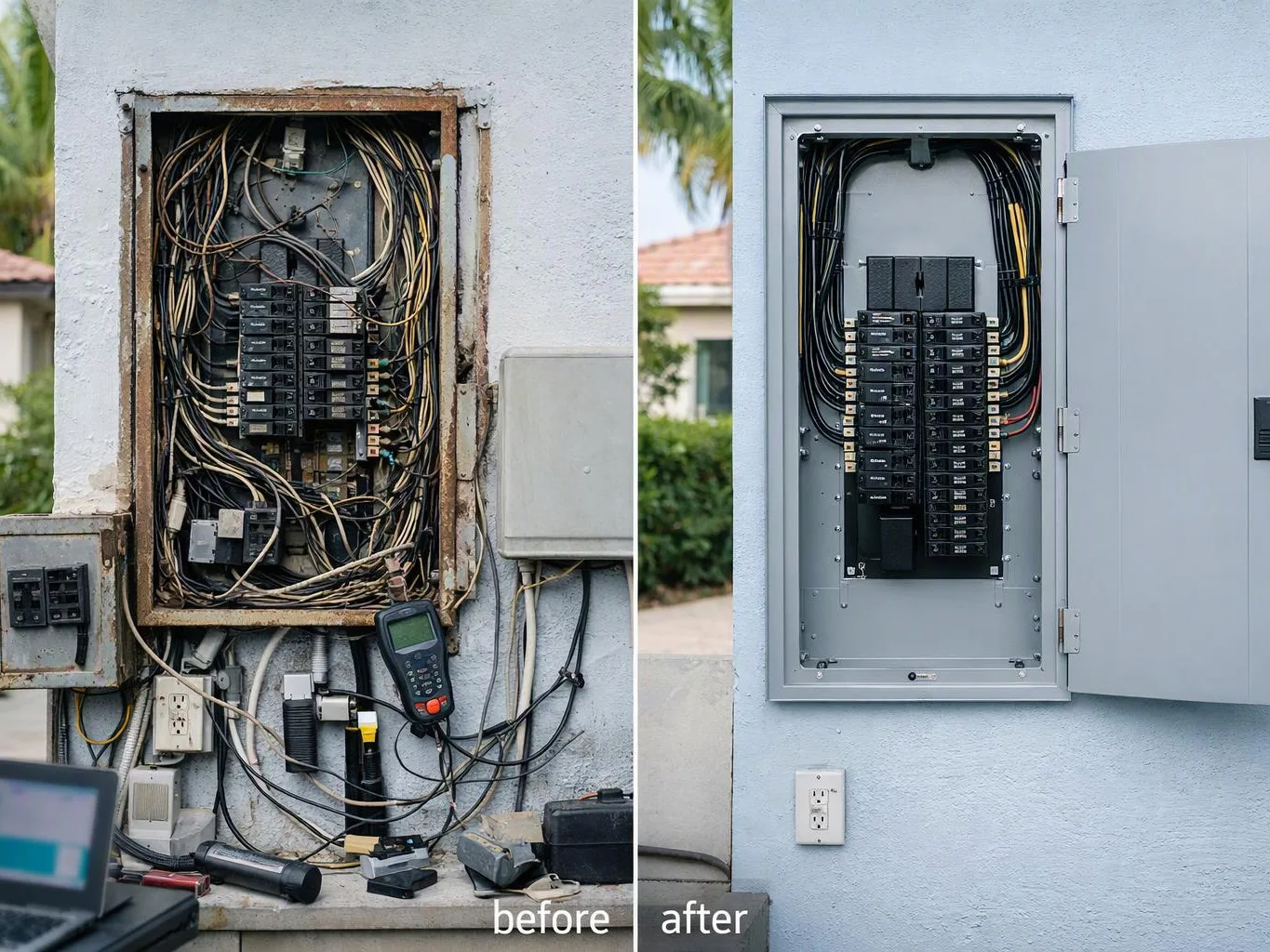 A side-by-side before and after of an electrical panel
