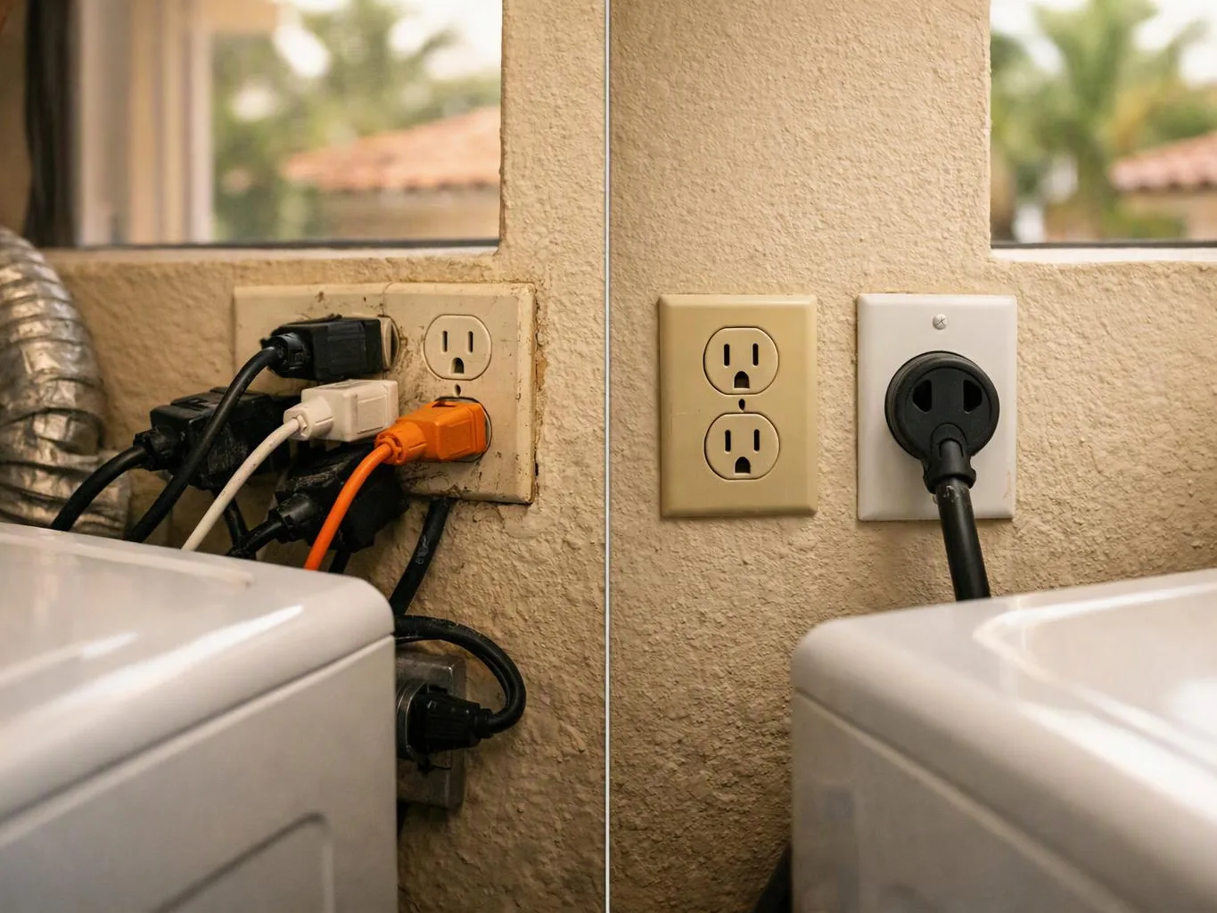 Side-by-side laundry wall outlets show messy plugged-in cords on the left and a single neat plug on the right
