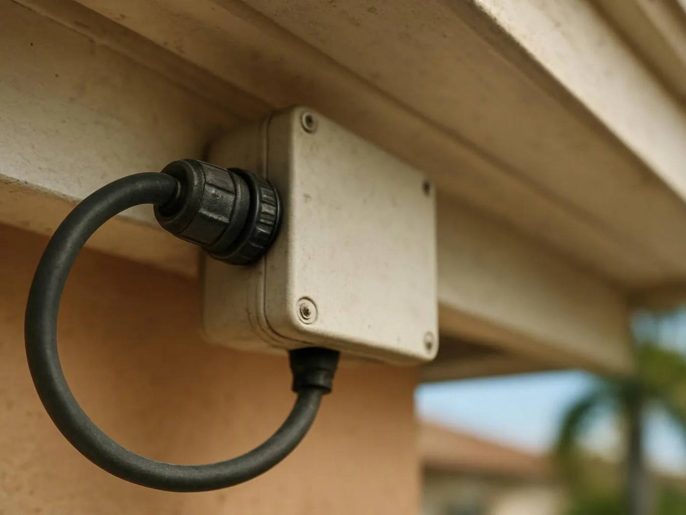 A small gray junction box with black cables is mounted under a roof eave outdoors