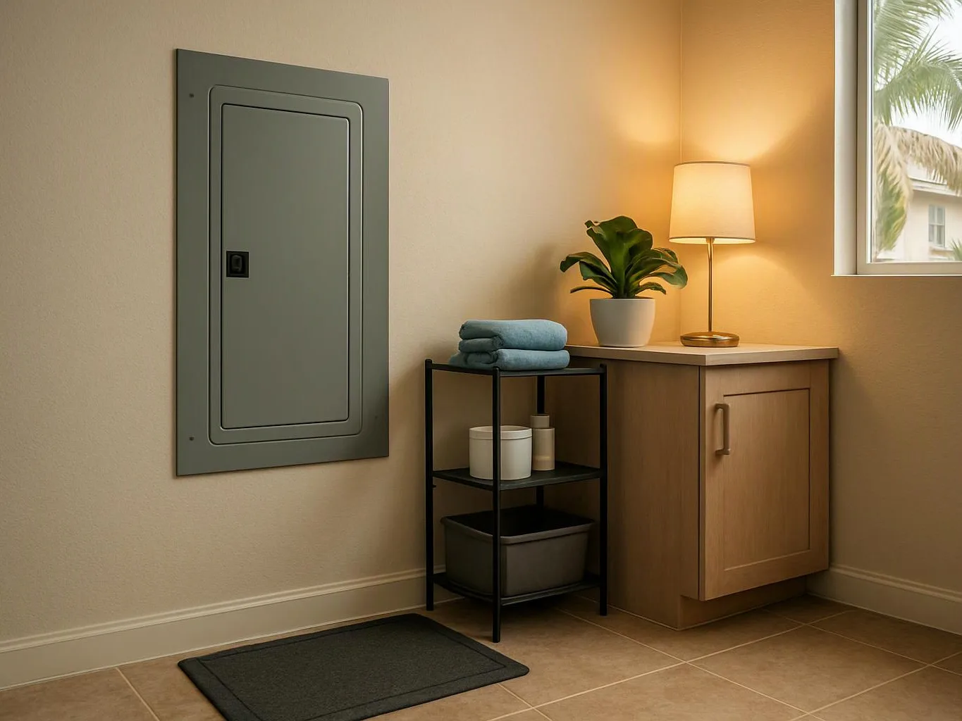 A small laundry nook shows a wall panel, shelves with towels and supplies, a cabinet, lamp, and potted plant