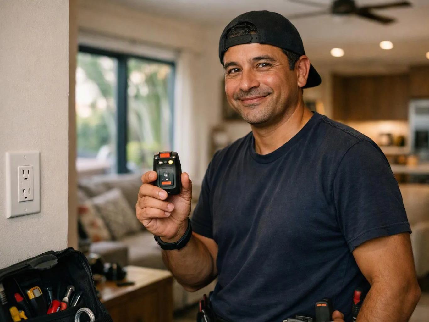 A smiling man in a backward cap holds a small tester tool inside a bright home interior