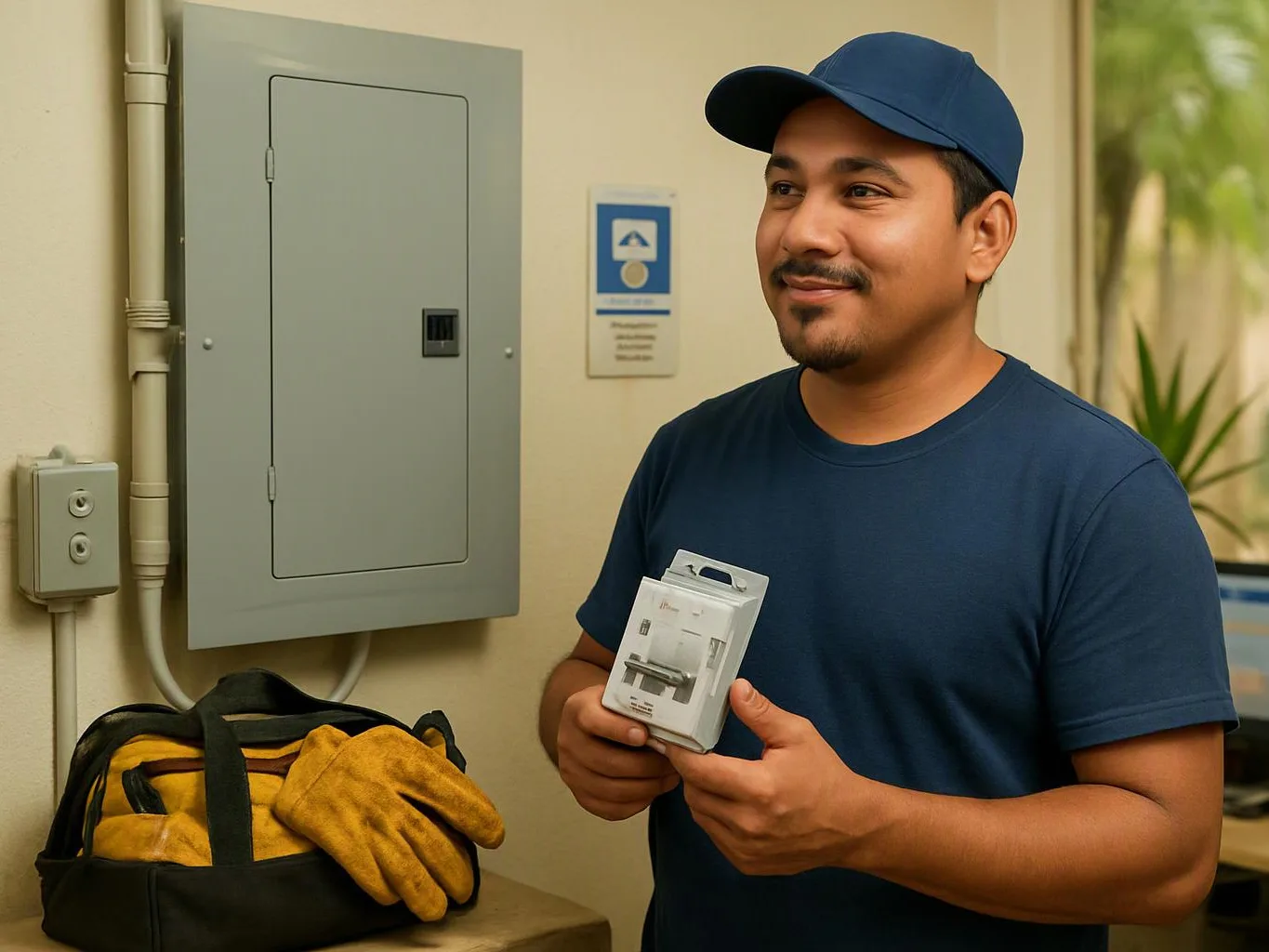 A smiling man in a blue cap holds a small boxed part beside an electrical panel and tool bag