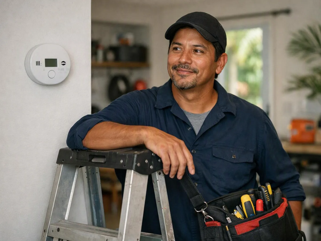 A smiling man in a cap leans on a step ladder beside a wall thermostat in a bright room