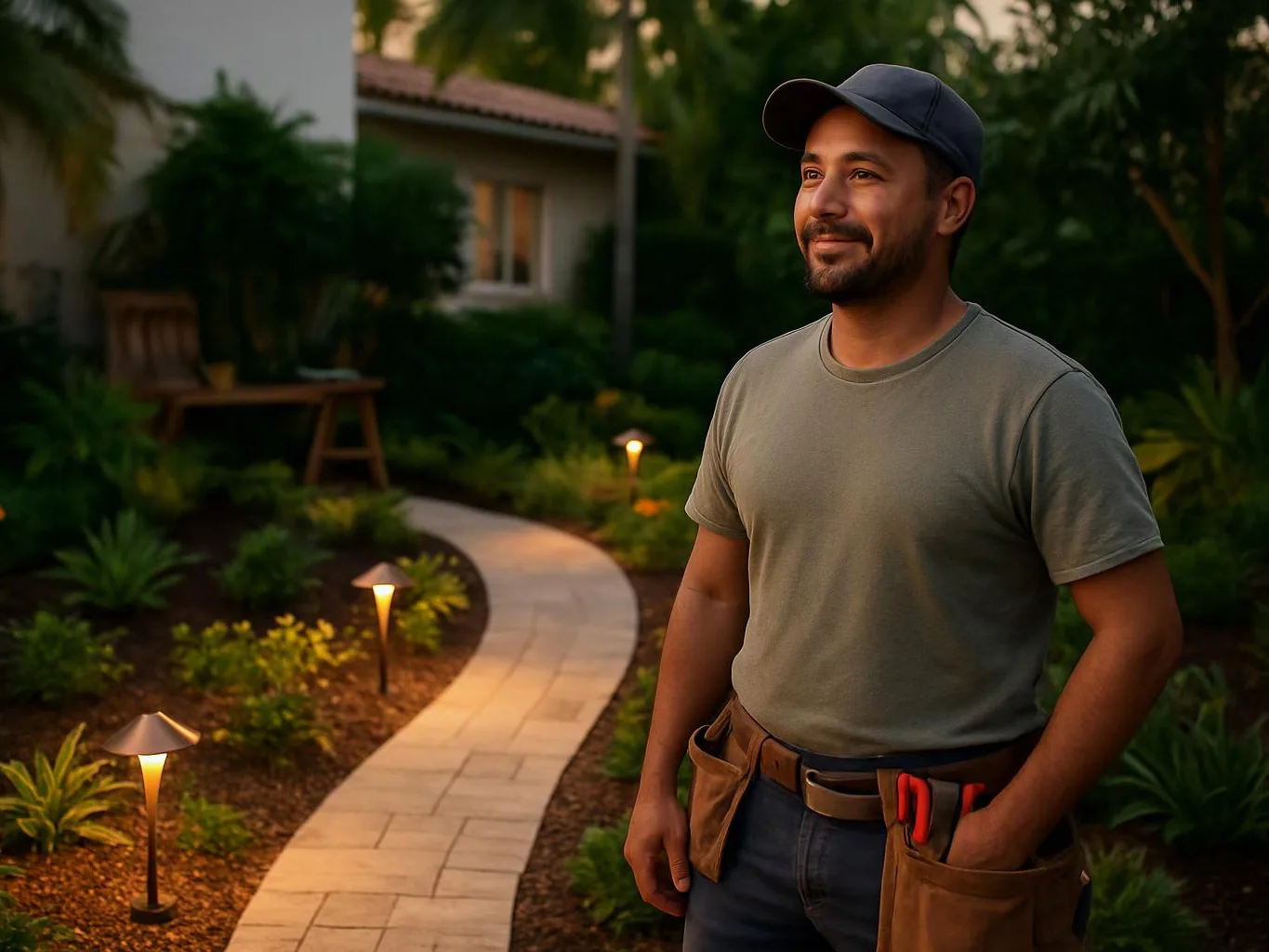 A smiling man in a cap stands by a lit garden path with tools on his belt