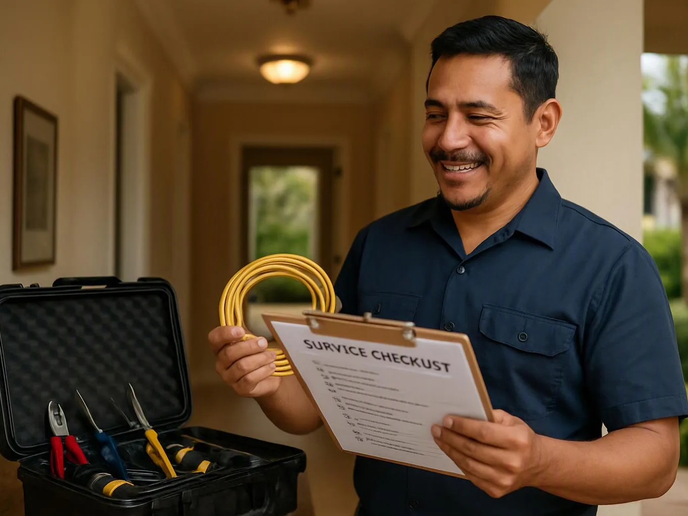 Smiling man in a dark shirt holds a coiled cable and a checklist beside an open tool case in a hallway