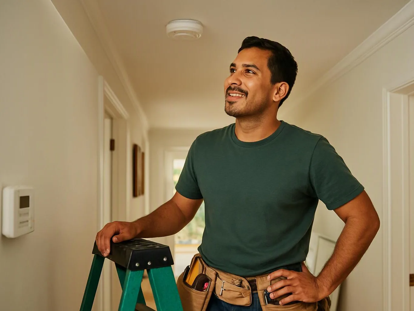 A smiling man in a green shirt stands on a step ladder in a bright hallway, with a tool belt on his waist