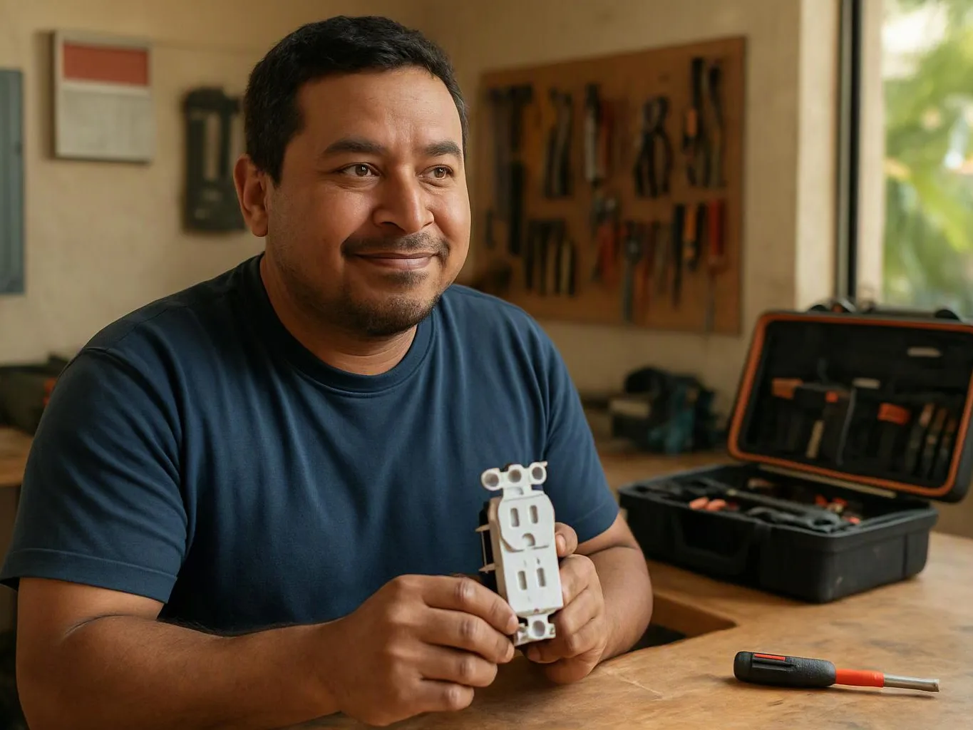 A smiling man holds a white electrical outlet beside an open tool case on a workbench